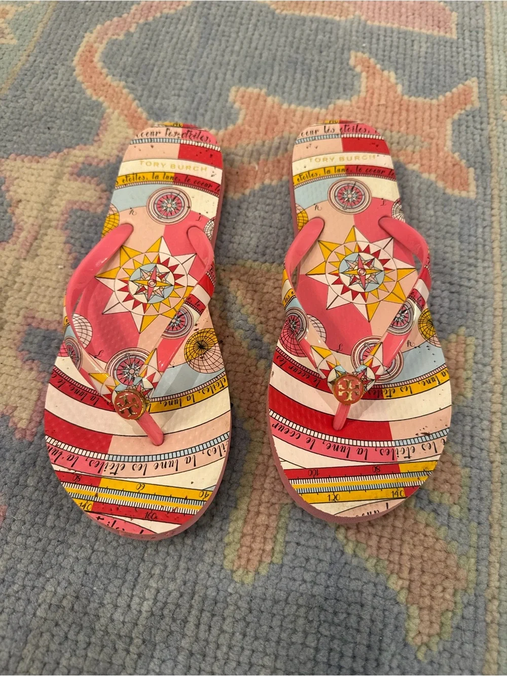 Tory Burch Pink Multi-Print Compass-Design Flip Flops